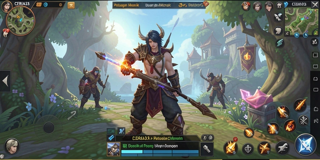 Screenshot gameplay CERIA33 memperlihatkan pertarungan epik dan dunia fantasi.