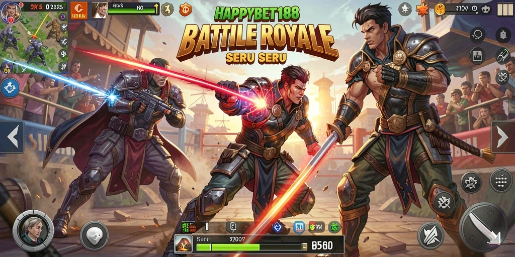Screenshot gameplay seru dari HAPPYBET188 dalam pertempuran Battle Royale.