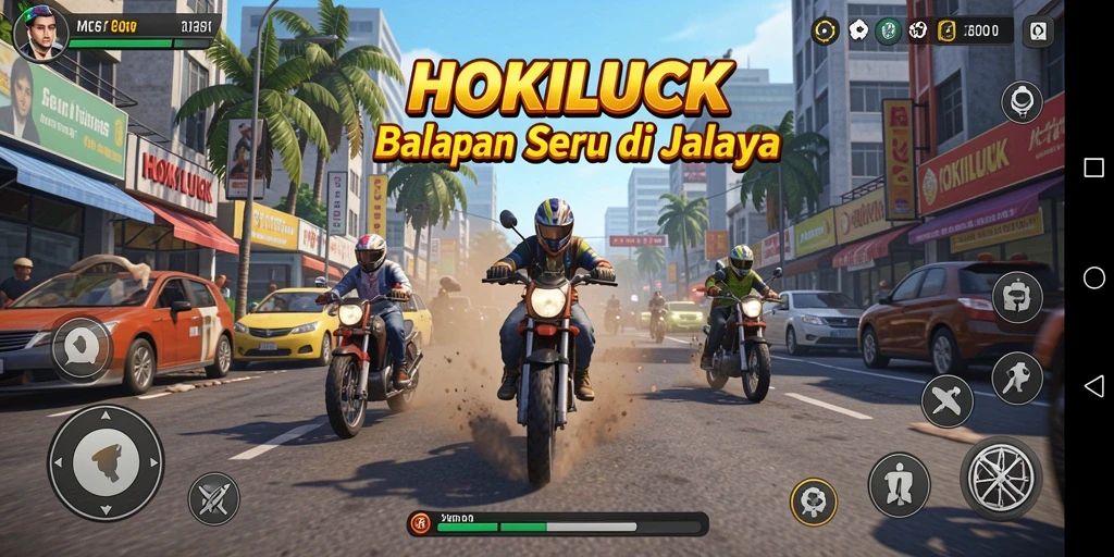 Gameplay seru HOKILUCK dengan berbagai lintasan balapan menantang.