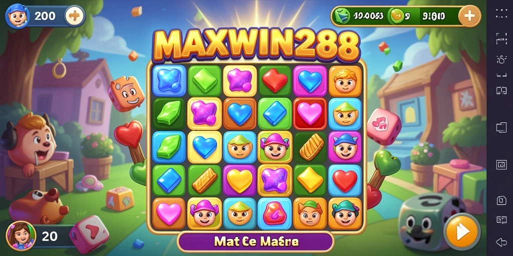 Tangkapan layar gameplay MAXWIN288 menampilkan momen match-3 yang penuh warna.
