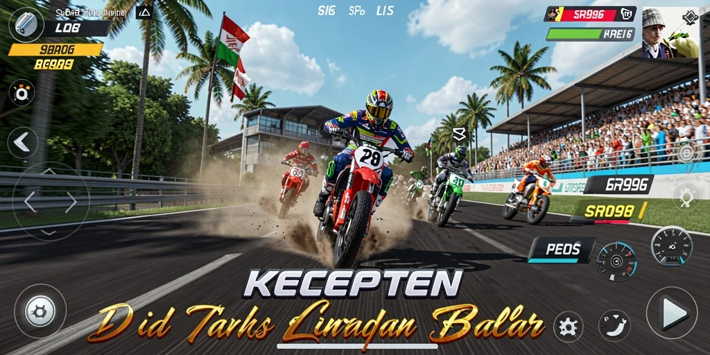 Screenshot SR996 menampilkan aksi balapan motor yang mendebarkan.