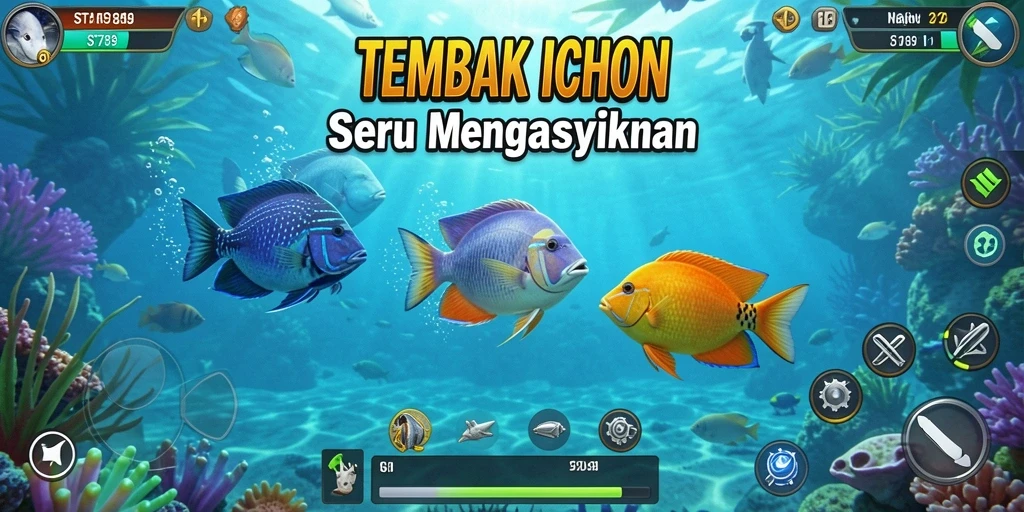 Tampilan gameplay seru dalam ST789 dengan berbagai ikan untuk ditembak.