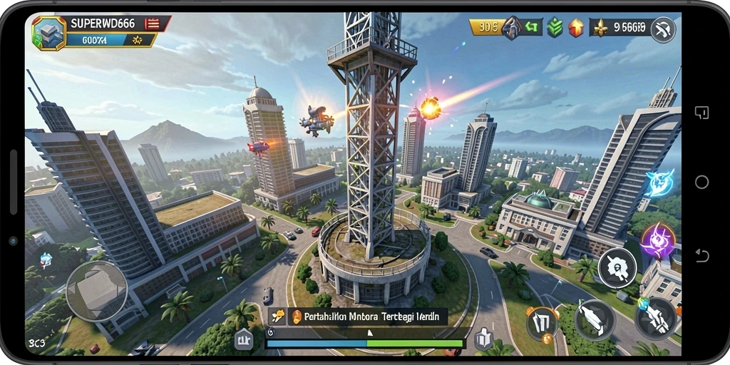 Tampilan screenshot menampilkan aksi seru dalam gameplay Tower Defense.