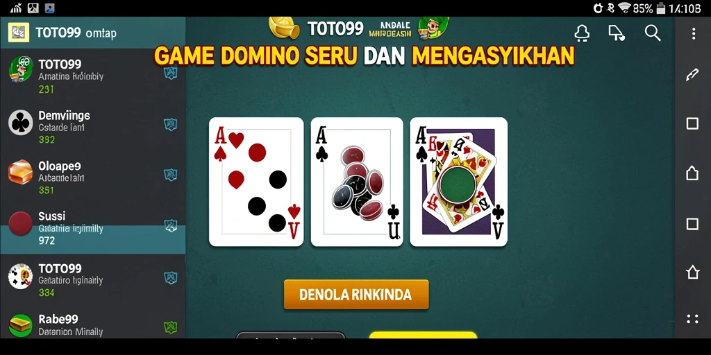 Screenshot gameplay Domino TOTO99 yang seru dan interaktif.
