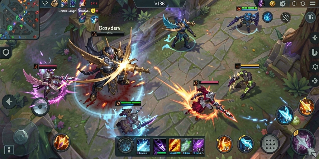 Tampilan screenshot utama VT38 yang menunjukkan aksi pertarungan dalam game MOBA.